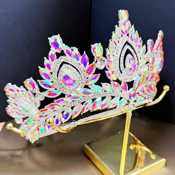 Quinceanera Crown, Rhinestone Crown, Large Crown, AB Crystal Crown, Silver Crown